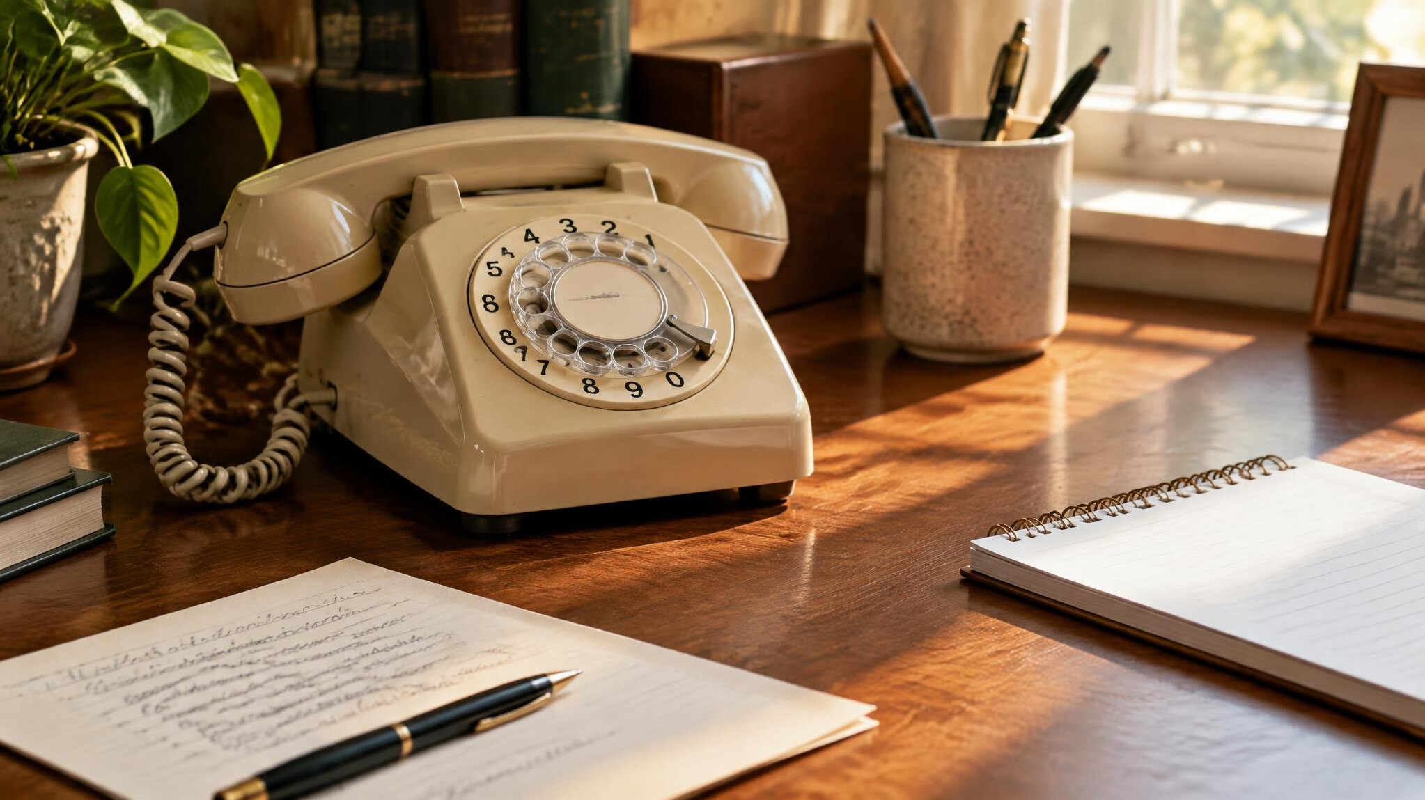 Rotary telephone resting on an office desk with notes