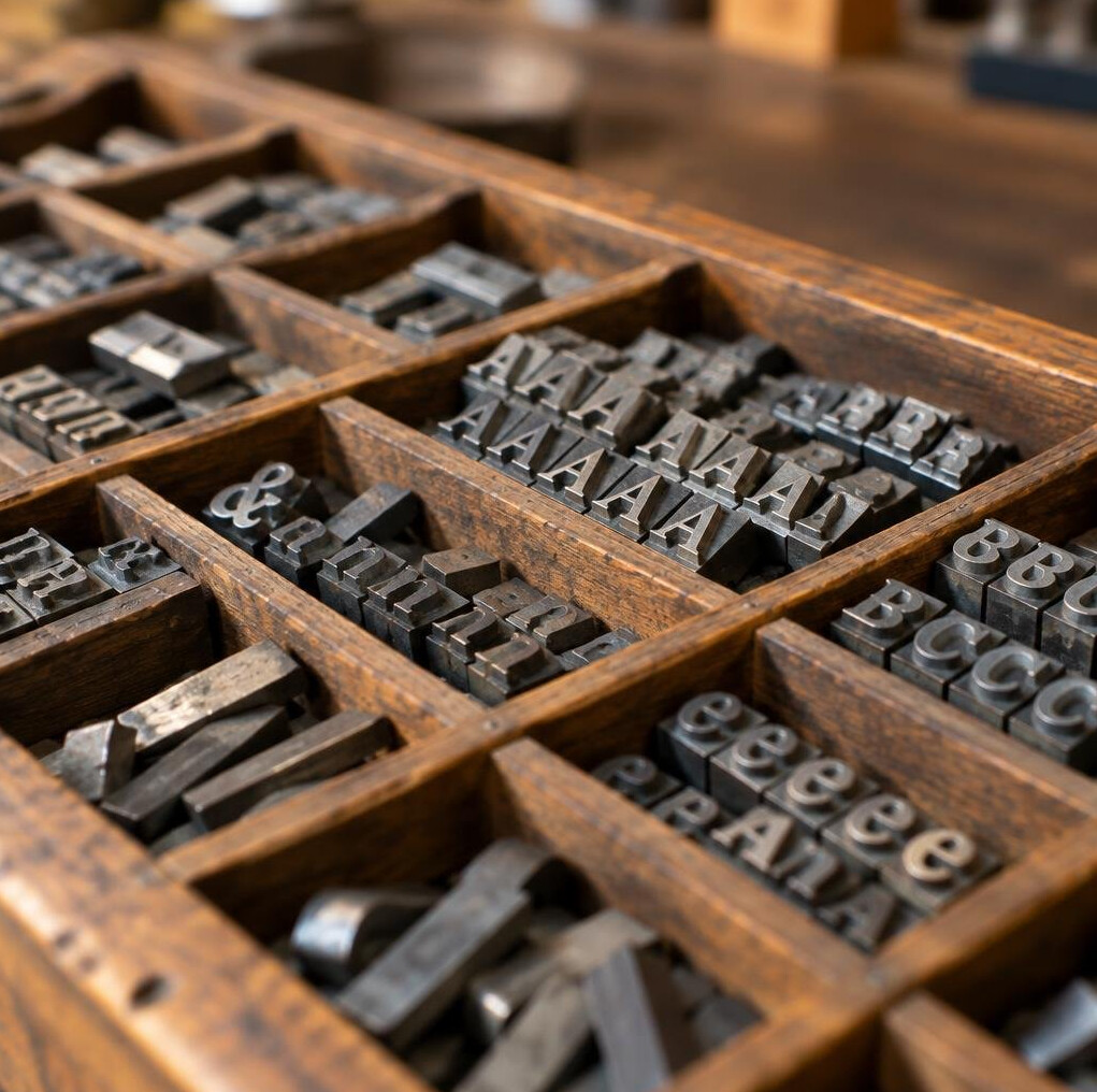 Typesetting tray with metal letterpress type