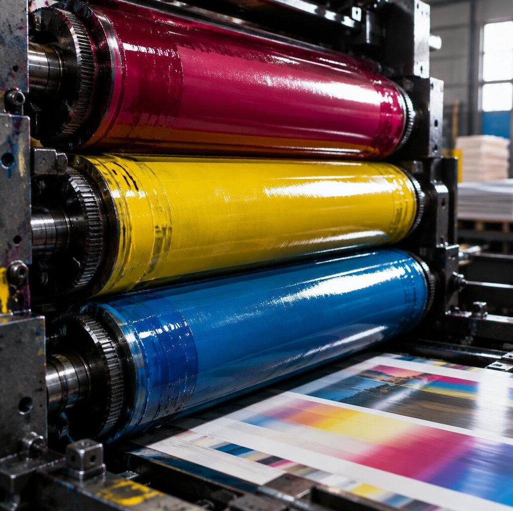 Printing press rollers with coloured ink