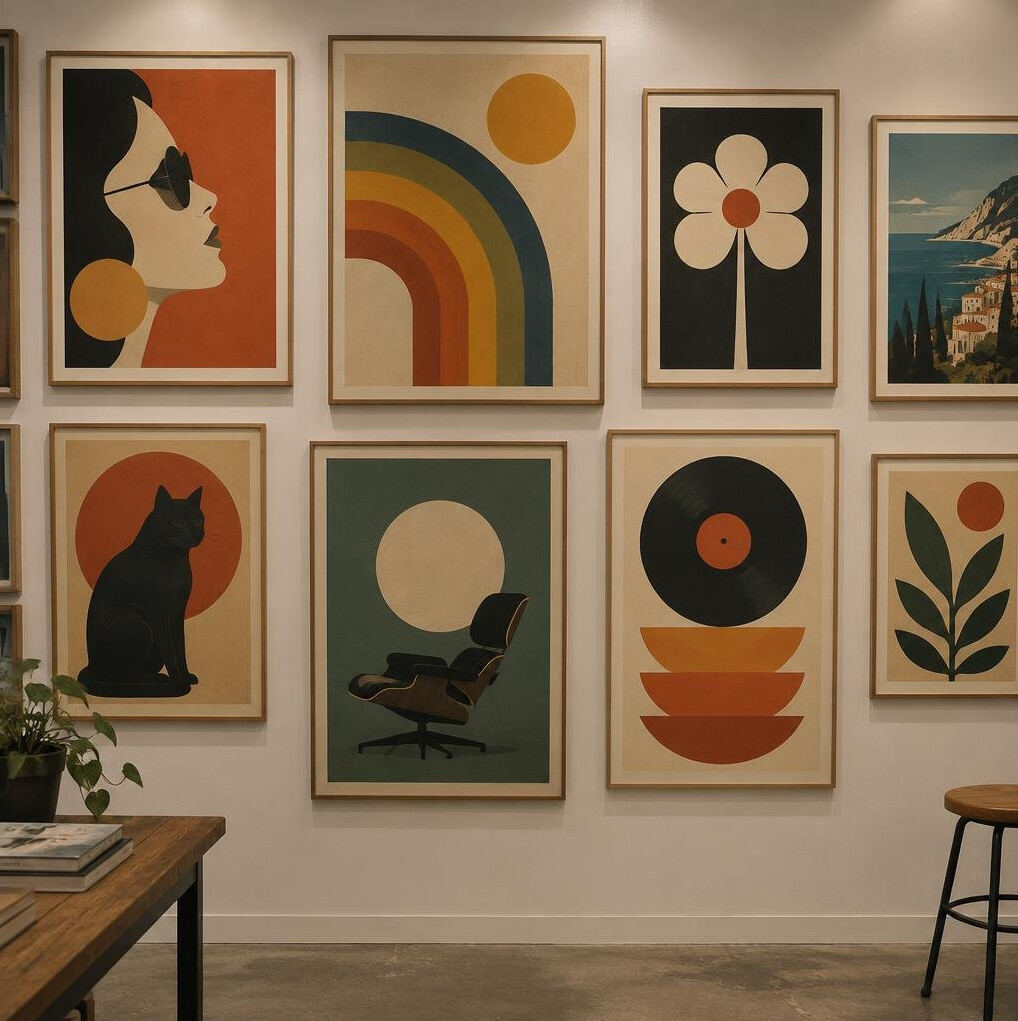 Wall of framed vintage poster designs in a studio