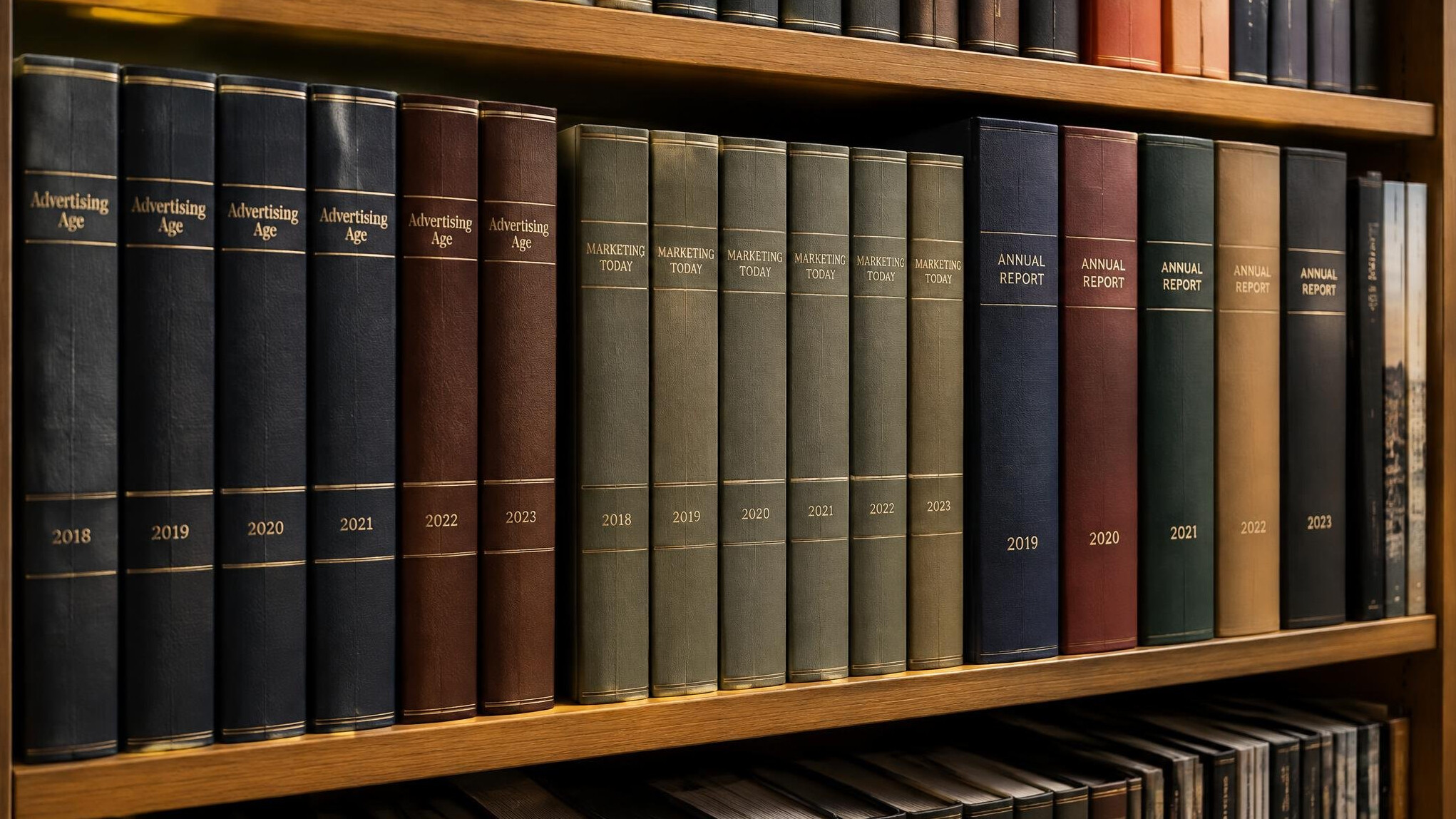 Rows of old advertising trade magazines bound on a shelf