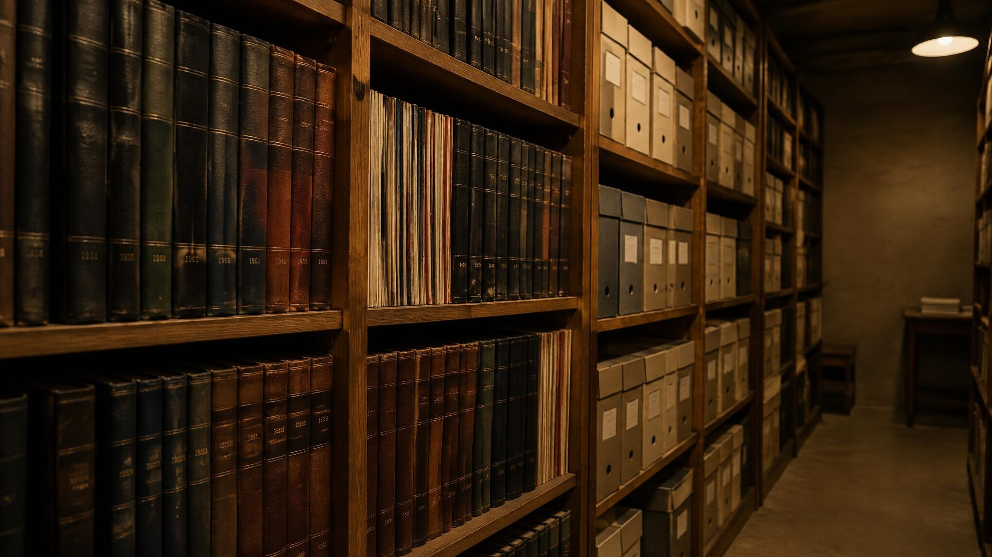 Rows of old magazines and print archives on shelving