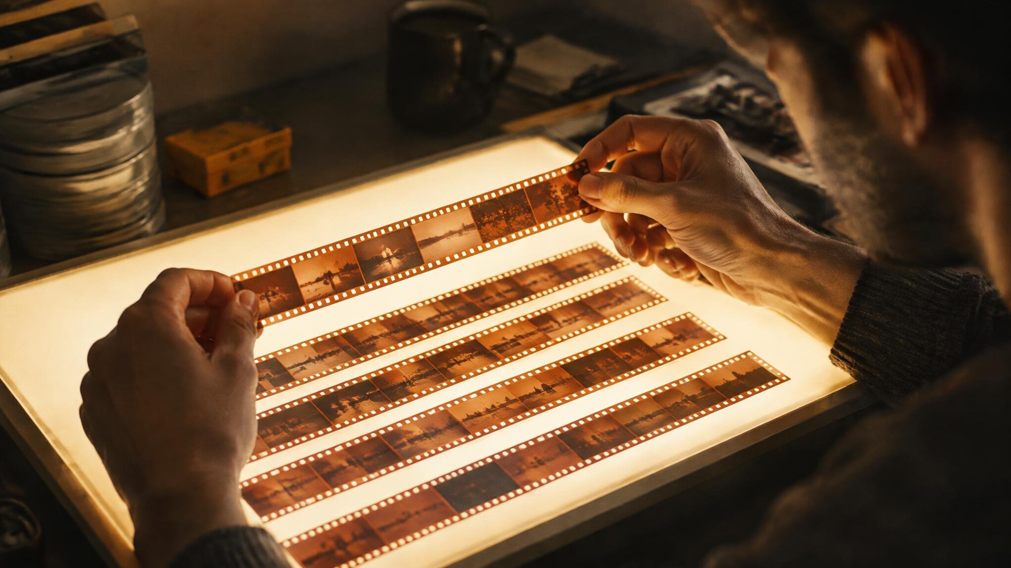 Editor reviewing film reels and negatives on a lightbox