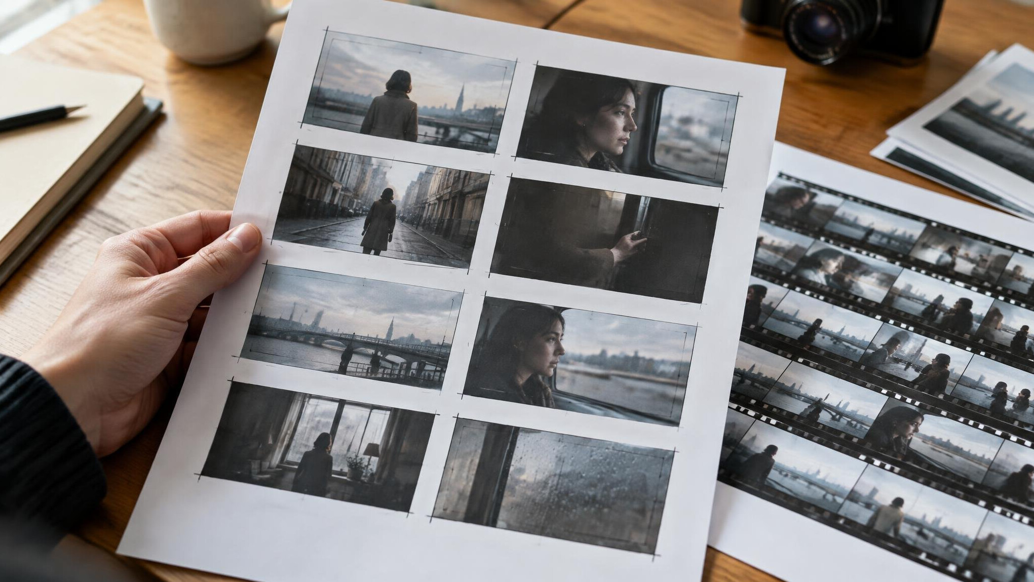 Close-up of a hand reviewing printed film storyboard frames