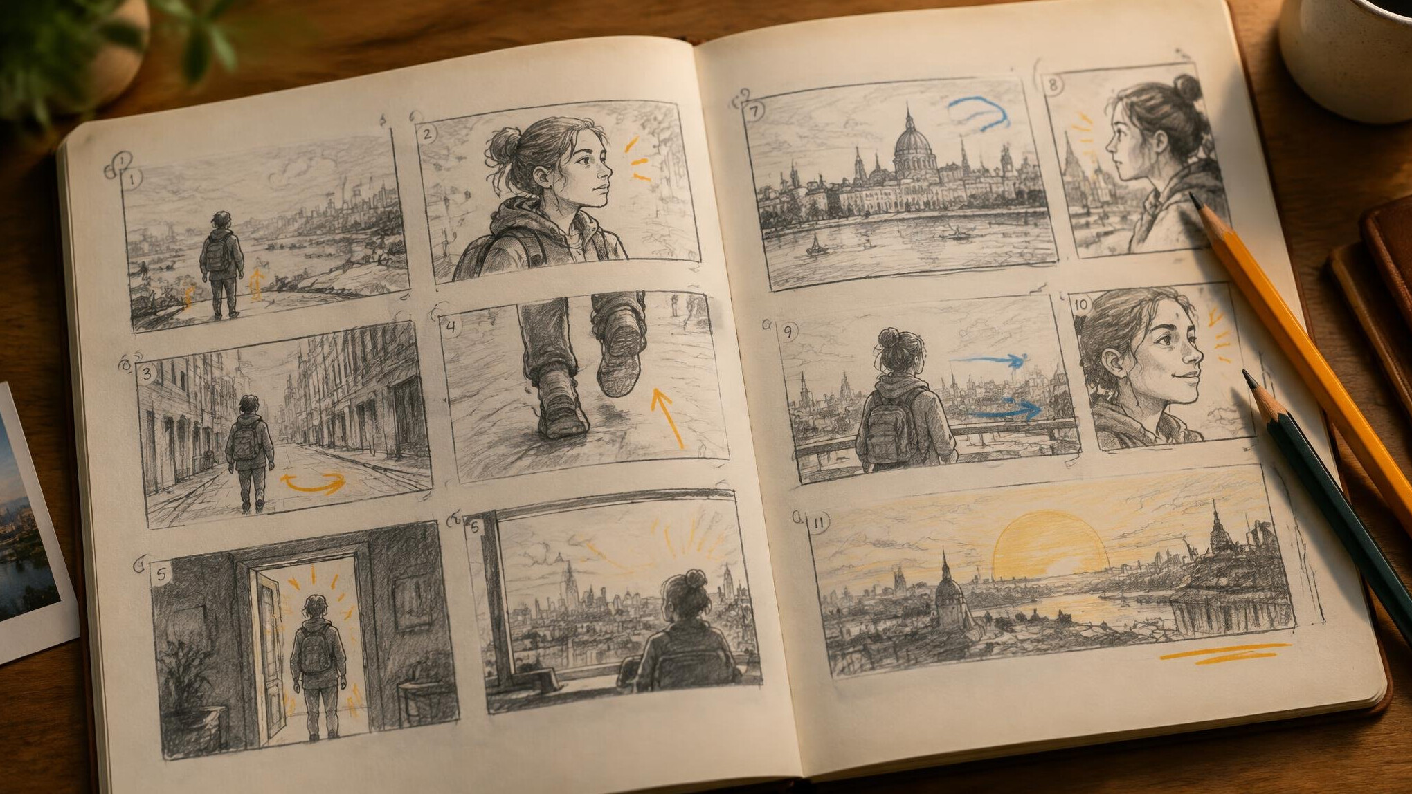Open notebook with sketched advertising storyboard panels