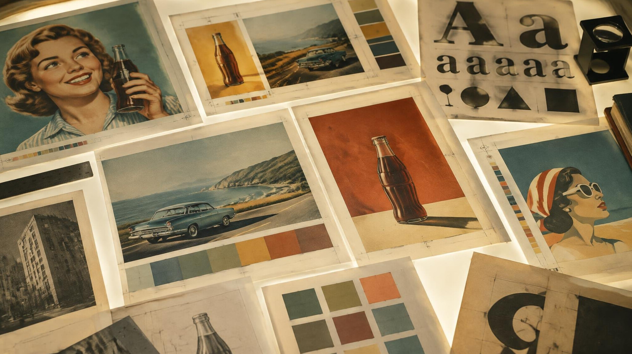 Vintage advertising proofs and layout sheets on a light table