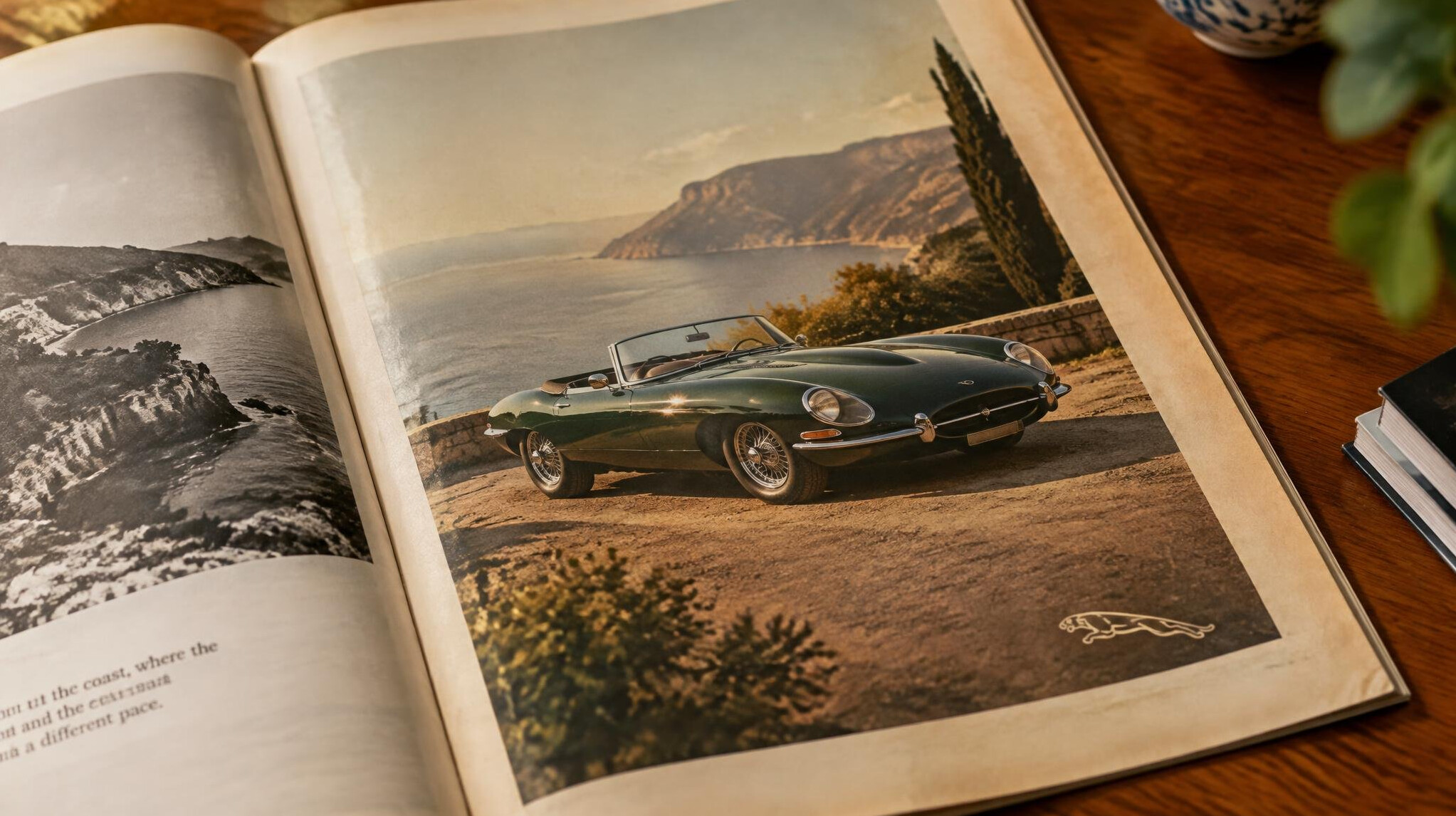 Open magazine spread with a full-page advertisement