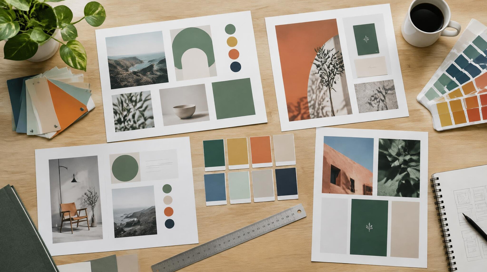 Design studio desk with layout boards and swatches