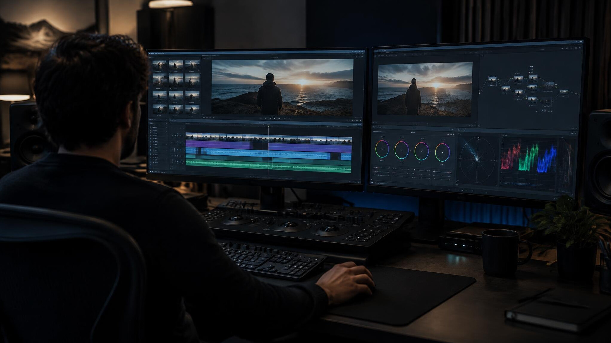 Editing suite with monitors showing film timeline