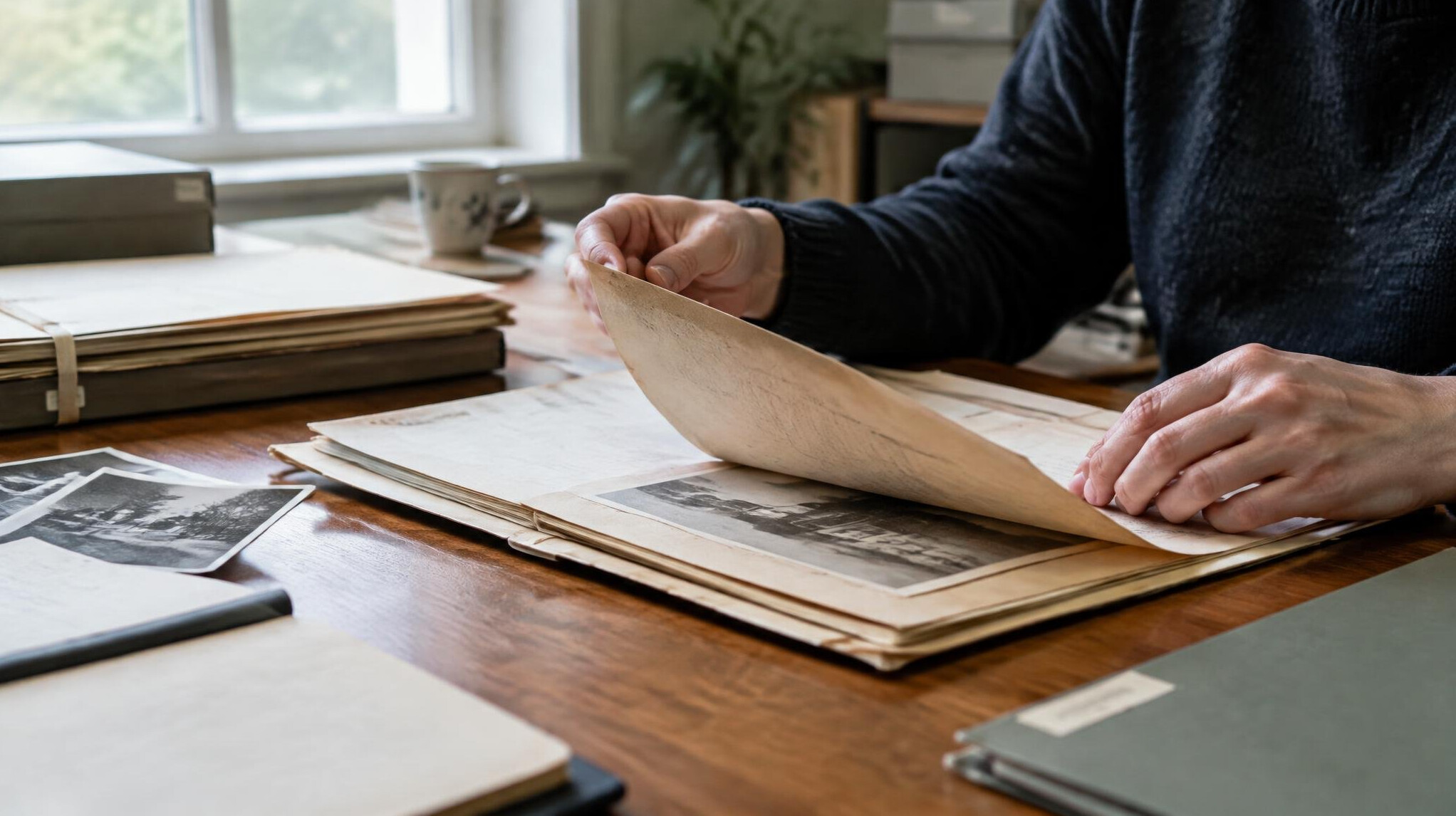 Researcher sorting archival documents in folders